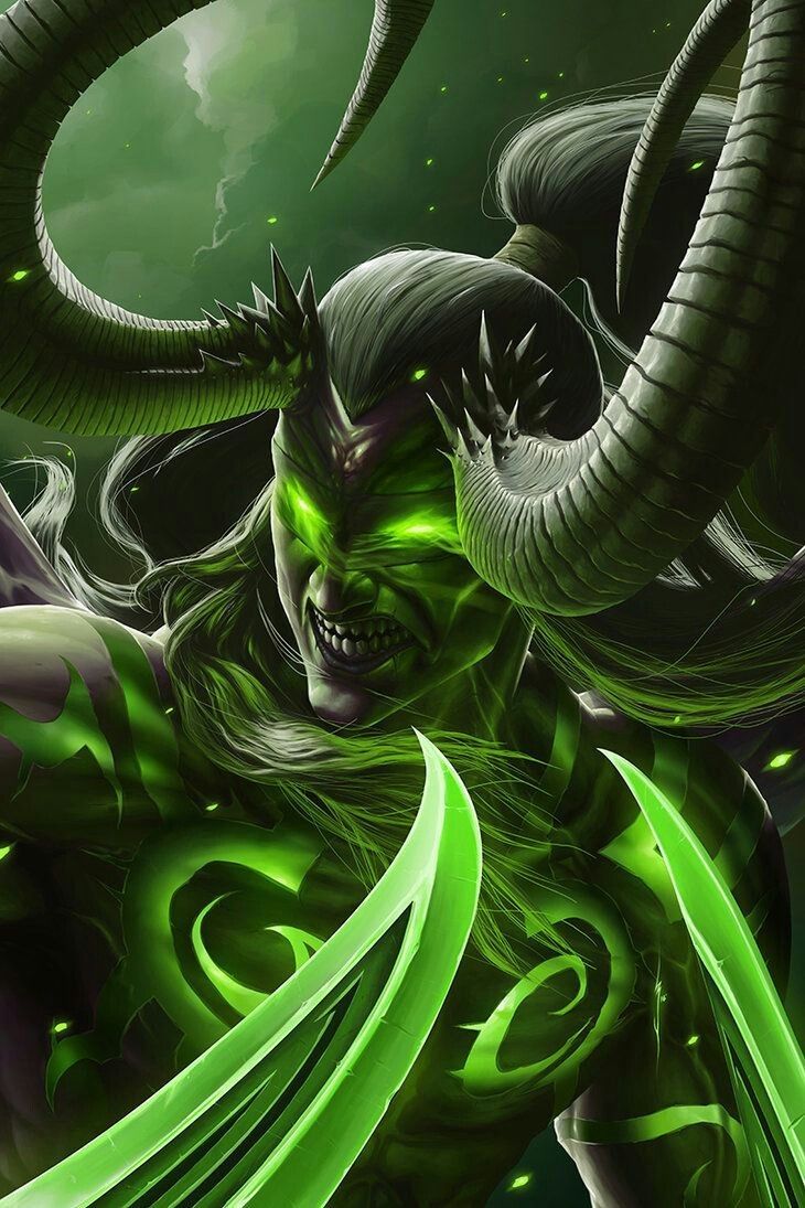 an image of a demon with green eyes and horns