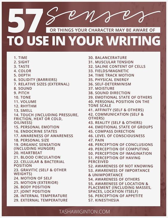 a poster with some writing on it that says,'55 things your character may be aware of to use in your writing