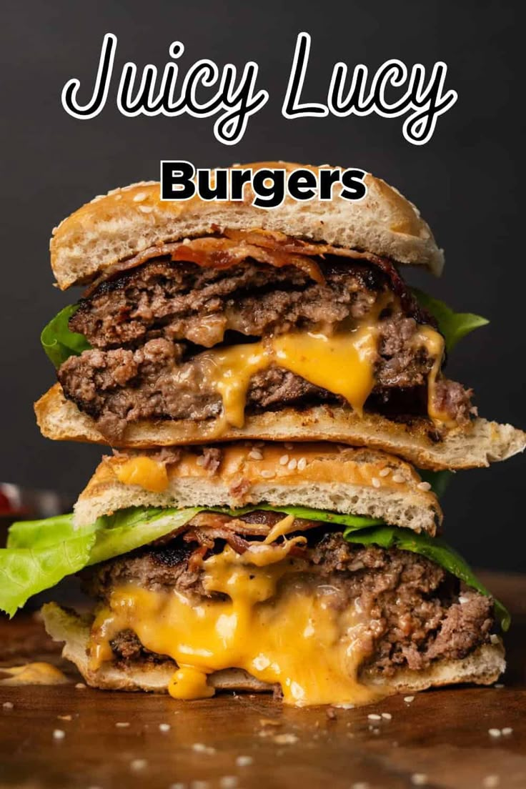 two cheeseburgers stacked on top of each other with the title juicy juicy burgers