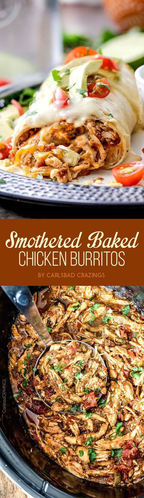 an image of shredded baked chicken burritos in the slow cooker with text overlay