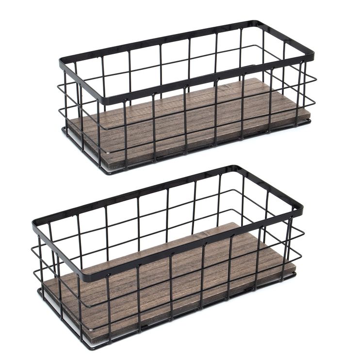 two black metal baskets with wood flooring on each side, one is empty and the other is closed