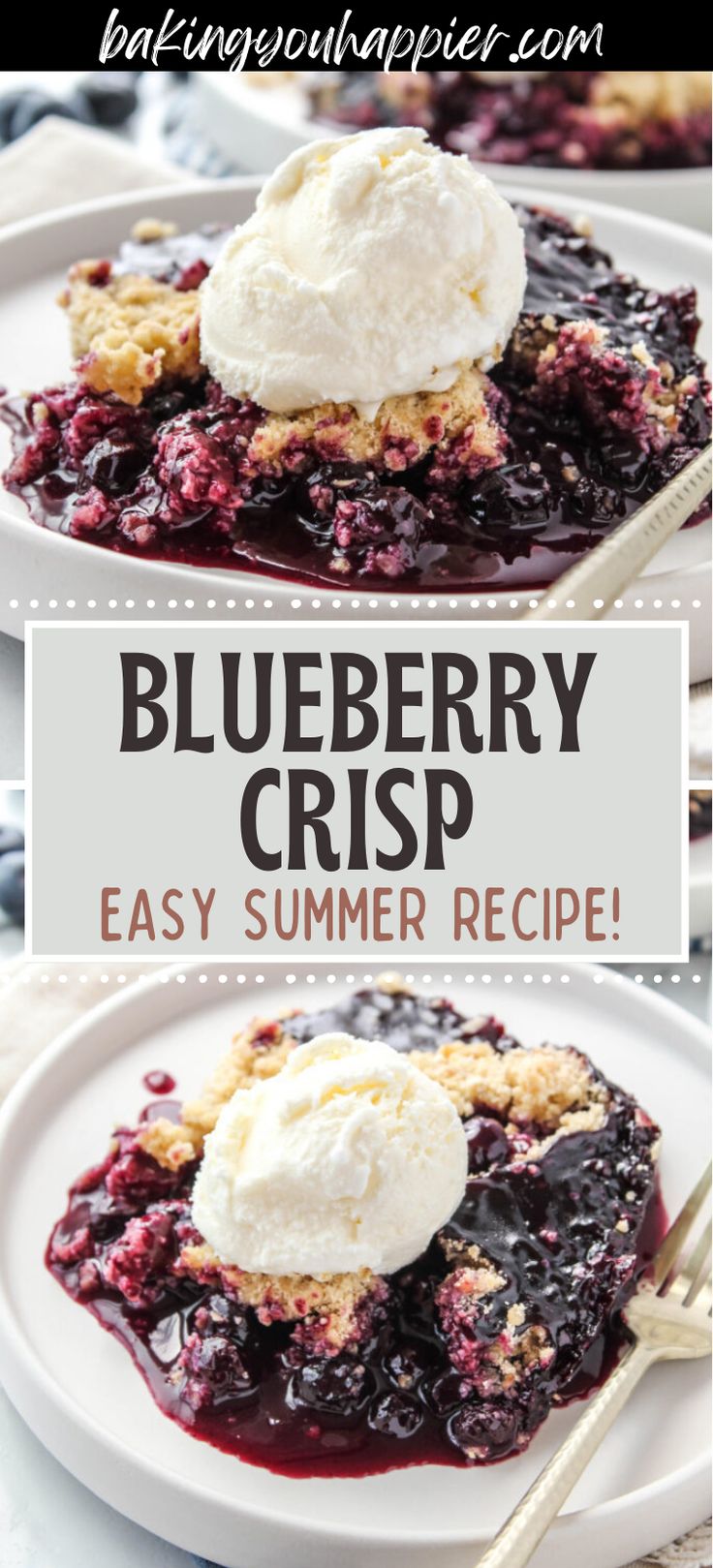 blueberry crisp on a plate with ice cream and strawberries in the background text reads, easy summer recipe