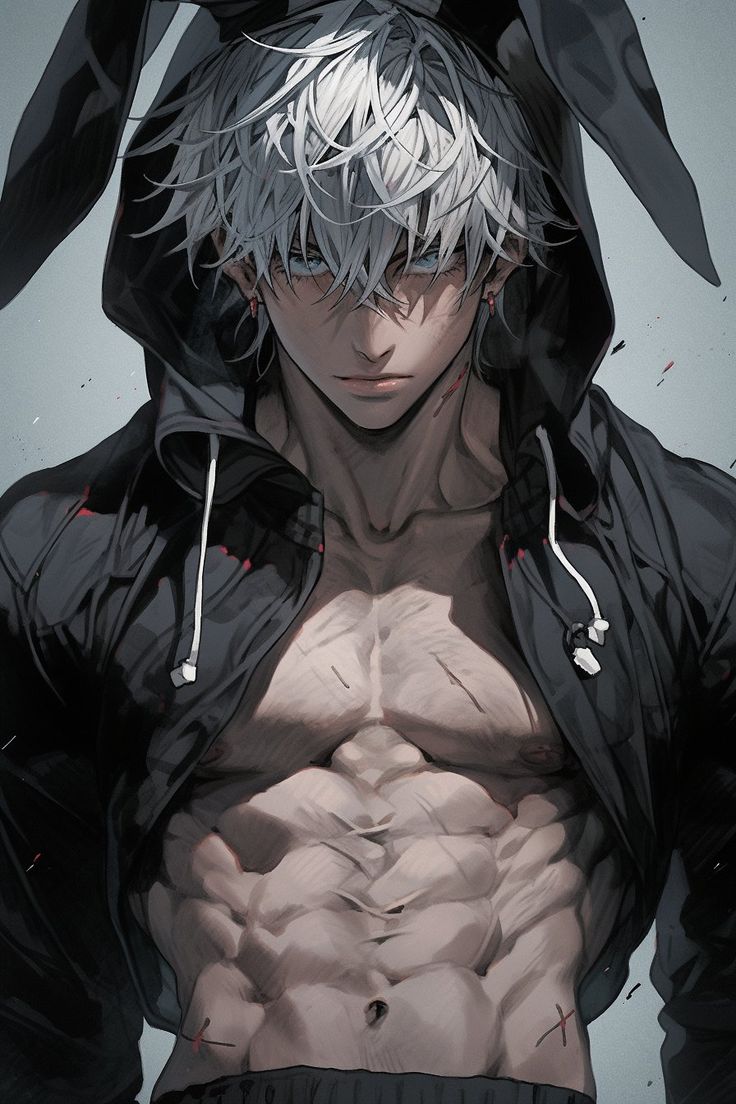 an anime character with white hair and no shirt