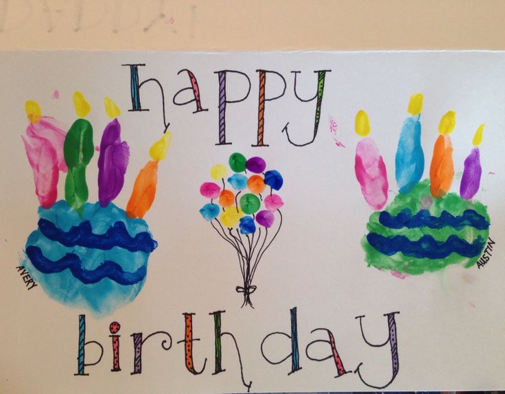 a happy birthday card with handprinted candles and balloons on the top, in front of a wall