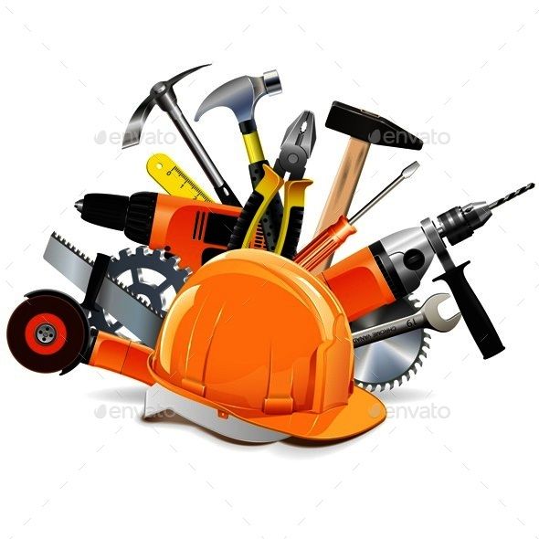 an orange hard hat surrounded by tools and wrenches on a white background with clippings