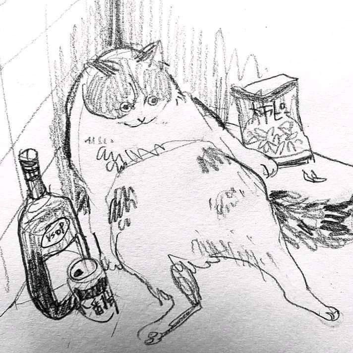 a drawing of a cat sitting on the floor next to a wine bottle and corkscrew