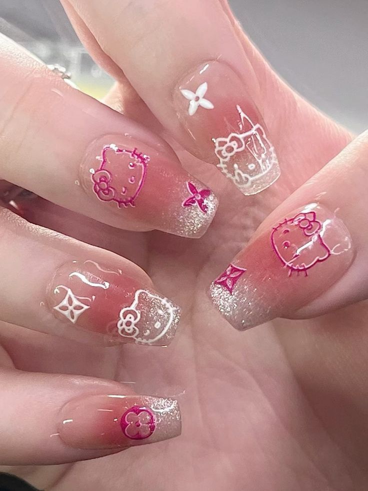 Nail Inspo Sanrio, Sanrio Nails Short, Cute Nails Hello Kitty, Short Hello Kitty Nails, Hello Kitty Nails Short, Nails Sanrio, Nails Hello Kitty, Paznokcie Hello Kitty, Matching Nails