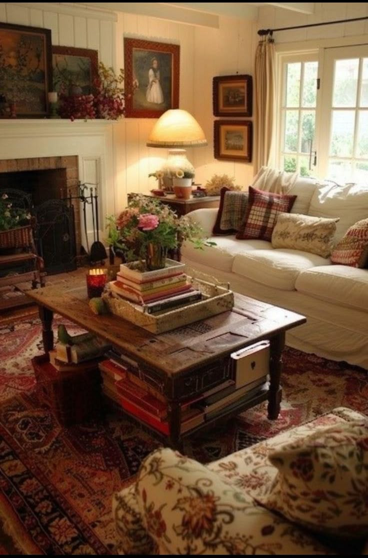 a living room filled with furniture and a fire place under a window next to a fireplace