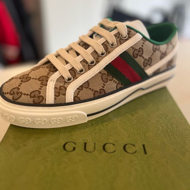 Brand New, Never Worn - Women’s Gucci Gg Tennis 1977 Sneakers - Size 37 Gucci X Adidas 2022, Gucci Tennis 1977 Outfit, Luxury Gucci Sneakers With Logo, Luxury Gucci Custom Sneakers With Logo, Designer Sneakers With Logo, Designer Gucci Low-top Custom Sneakers, Gucci Shoes Sneakers Outfit, Gucci Tennis Shoes, Tenis Gucci