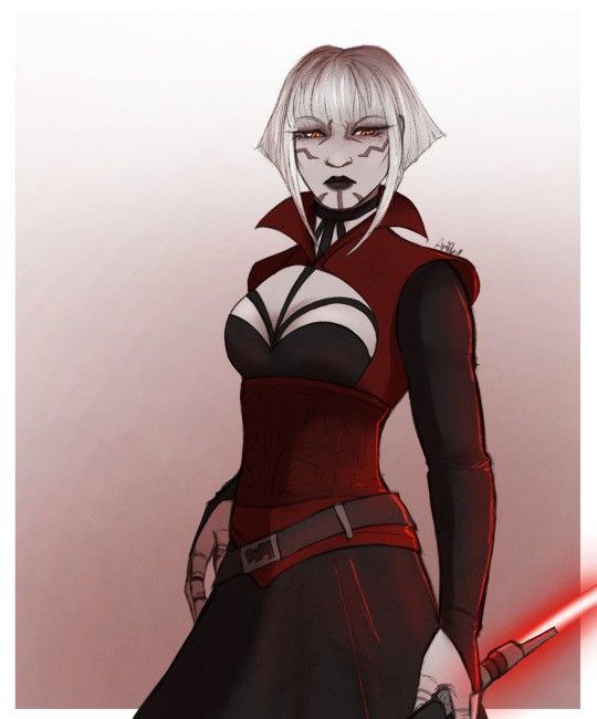 a drawing of a woman in red and black with a light saber