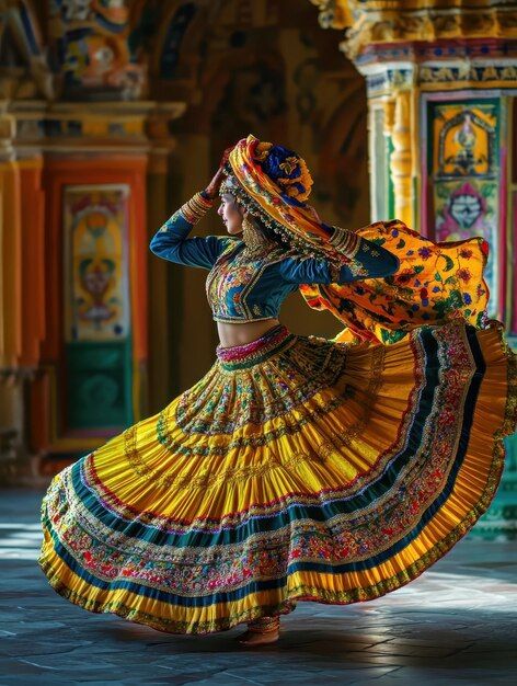 a woman in a colorful dress dancing with her hands on her hips and arms behind her head