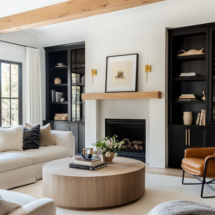 a living room filled with furniture and a fire place in the middle of a room