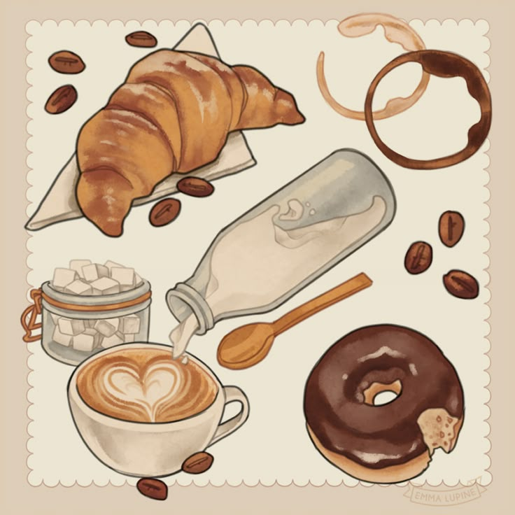 coffee, doughnuts and other items are depicted in this drawing