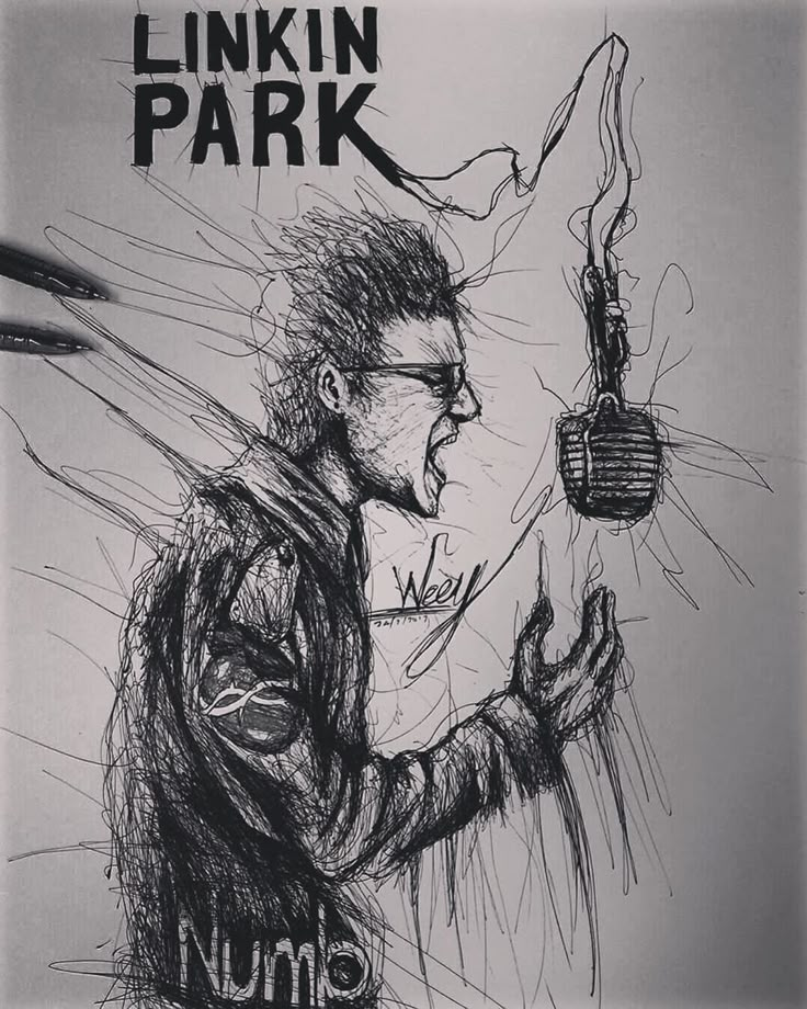 a black and white drawing of a man holding a microphone with the words linkin park on it