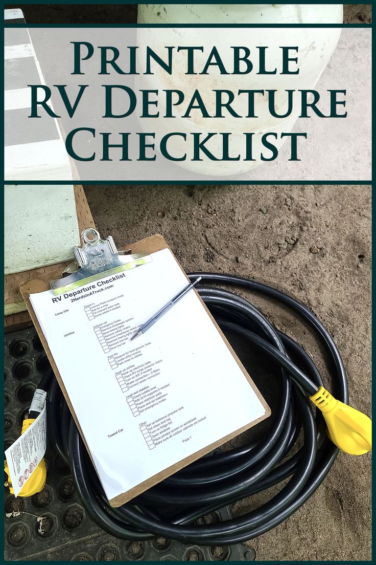 An RV electrical cord coiled on the ground. On top is a clipboard with a checklist and a pen. In the background is a rubber mat and wooden step. Text reads Printable RV Departure Checklist. Rv Checklist Free Printable, Rv Camping Checklist Free Printable, Trailer Packing List Rv Checklist, Rv Maintenance Checklist, Rv Checklist Departure, Rv Packing List, Camping Printables, Rv Checklist, Rv Camping Checklist