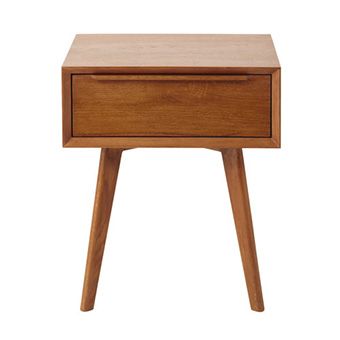 a small wooden table with two drawers on one side and an open drawer on the other