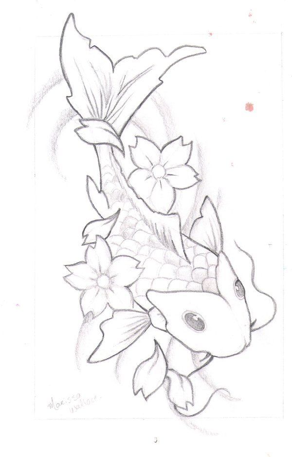 a drawing of a koi fish and flowers