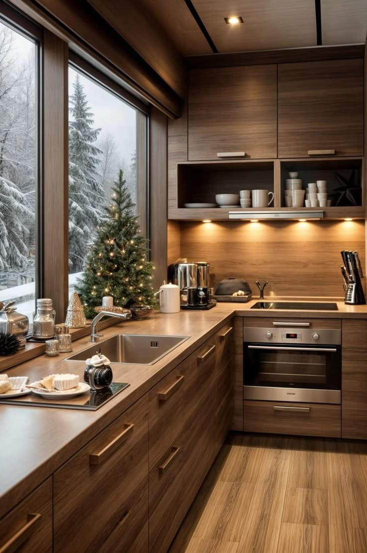 a kitchen with wooden cabinets and counter tops next to a window that has snow outside