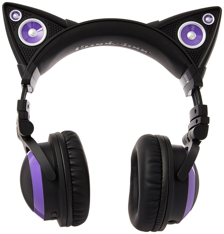 a pair of headphones with cat ears on top of each one, purple and black