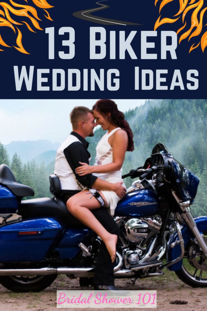 a man and woman sitting on a blue motorcycle with the words 13 biker wedding ideas