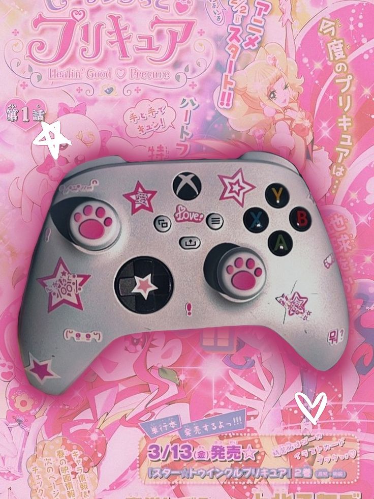 an advertisement for a video game controller with stars and hearts on the front, in japanese