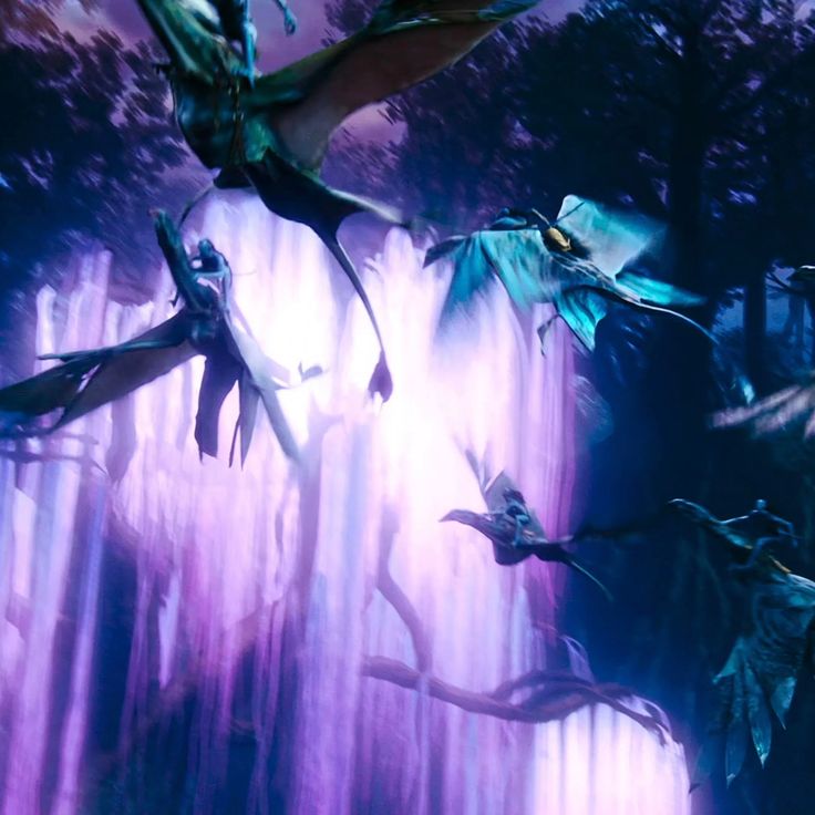 several dinosaurs flying through the air in front of purple and blue lights with trees behind them