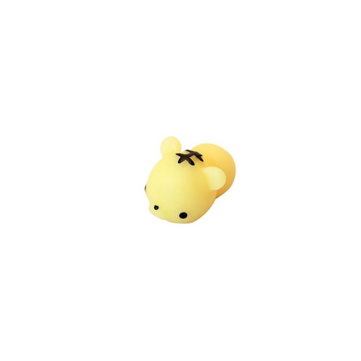 a small yellow animal with a black bow on it's head is shown against a white background