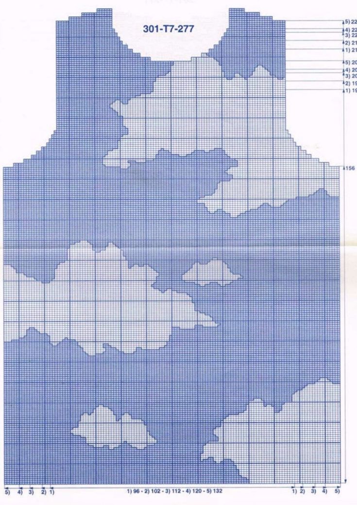 a blue and white cross stitch pattern with clouds in the sky on top of it