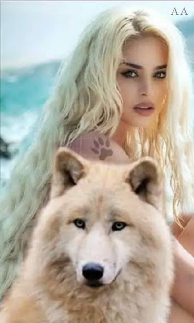 a woman with blonde hair and blue eyes holding a white wolf in front of her