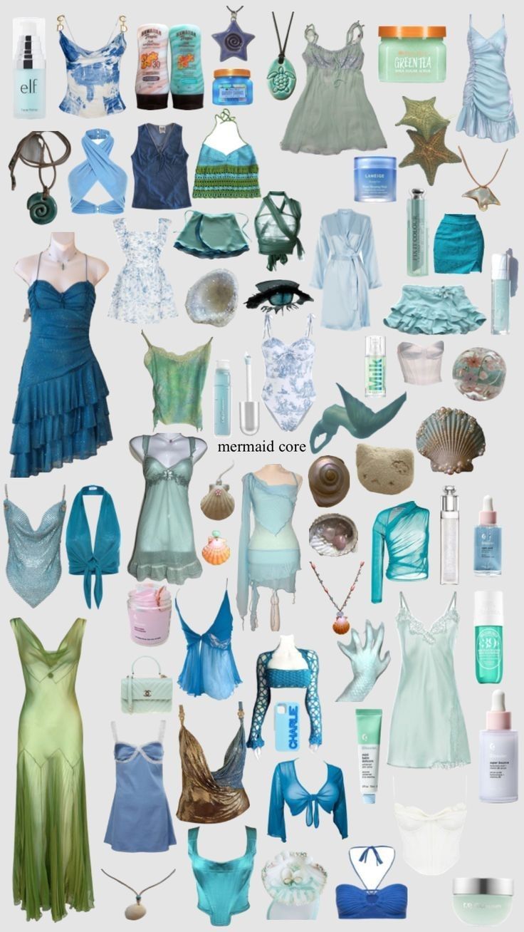 Mermaid On Land Aesthetic, Siren Wardrobe, Mermaid Core Clothes, Tropical Core Aesthetic Outfit, Mermaidcore Clothes, Oceancore Aesthetic Outfits, Mermaid Inspired Outfits Casual, Sea Inspired Outfits, Mermaid Fashion Aesthetic