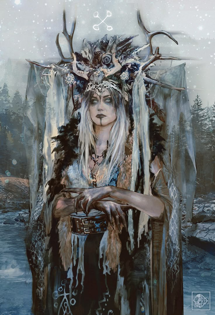 a painting of a woman with horns and feathers on her head holding something in her hands