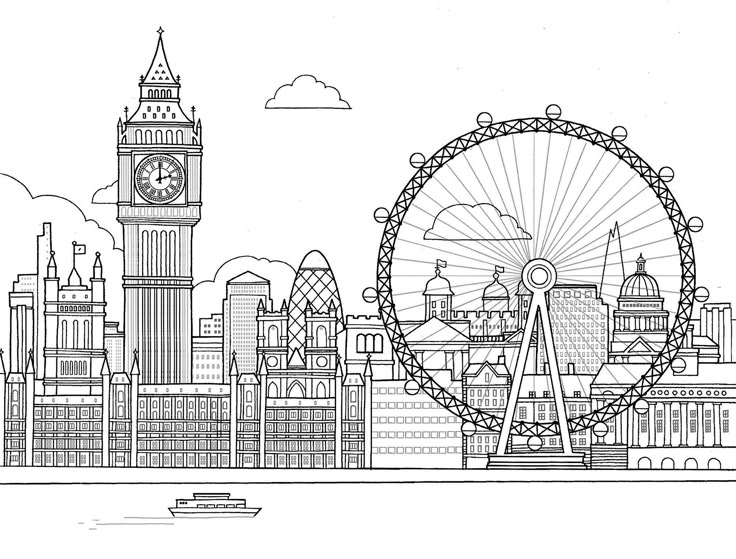 a black and white drawing of the london eye