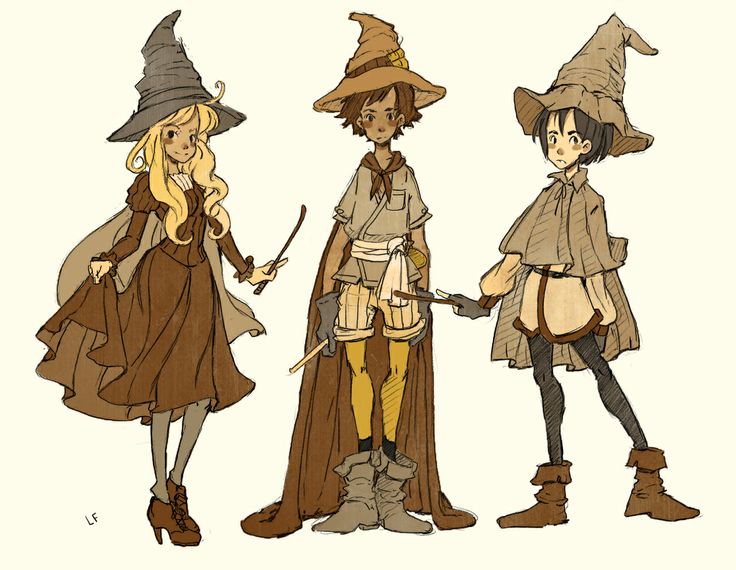 three cartoon characters dressed up as witches and one is holding a wand in her hand