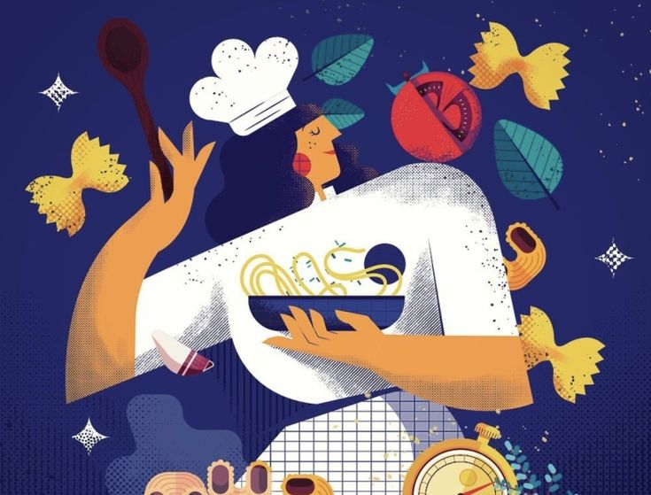 an illustration of a person holding a plate with food on it and surrounded by other objects