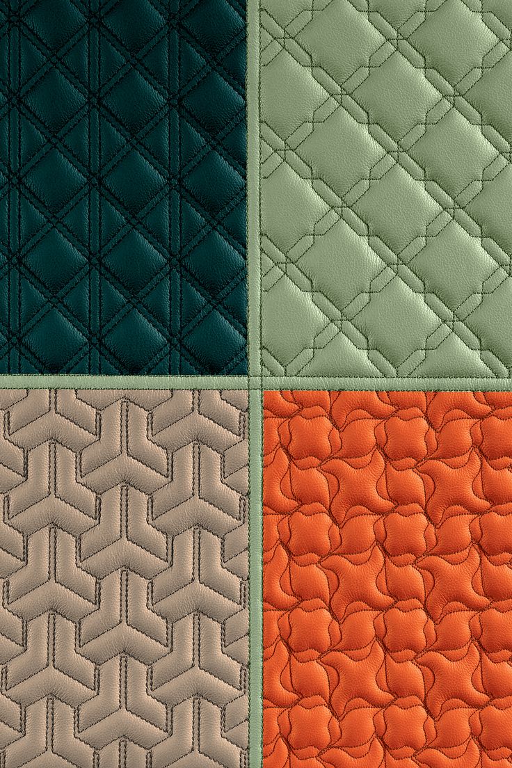 four different quilts with orange and green colors