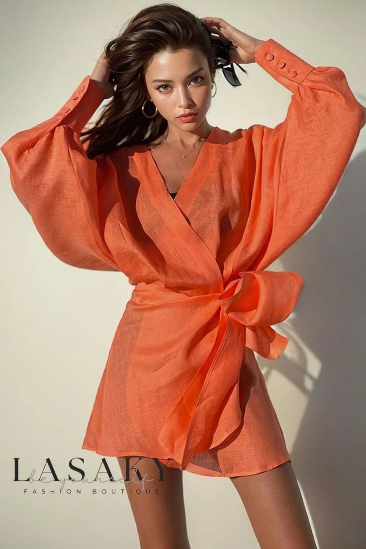 Lasaky - Linen Wrap Mini Dress with Balloon Sleeves and Bow Detail Orange Linen Dress, Linen Dress Summer, Tunic Dresses, Bright Color Dresses, Womens Wrap Dress, Shirt Dress Summer, Burnt Orange Dress, Linen Cardigan, Wrap Mini Dress