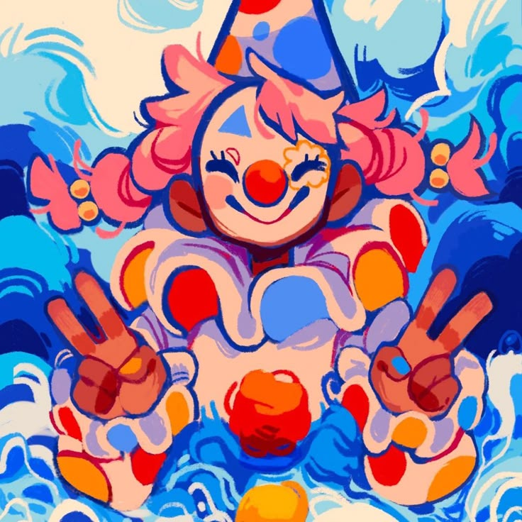 a painting of a clown floating in the water with his hands up and two fingers out