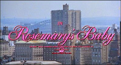 the title for rosemary's baby is displayed in front of tall buildings and a bridge