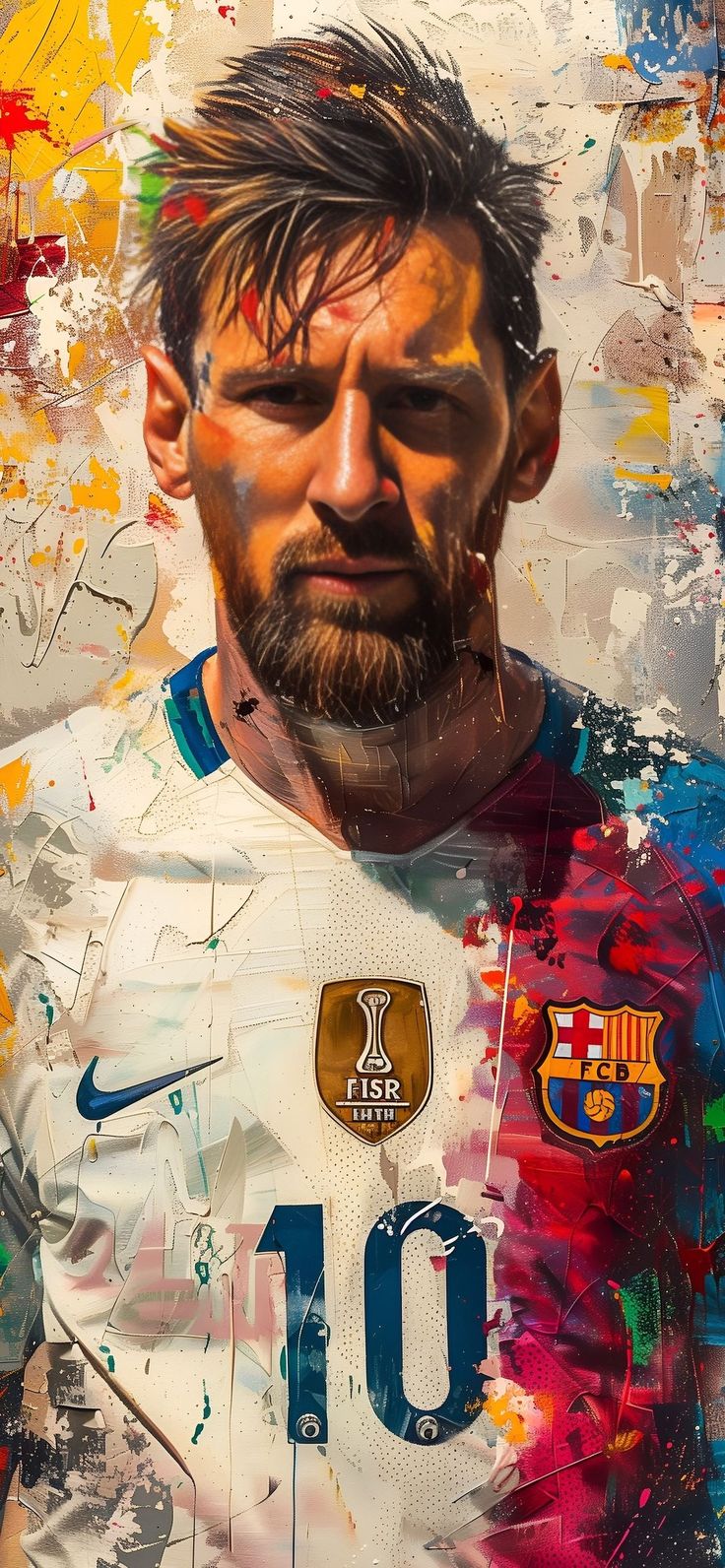 a painting of a soccer player with his face painted in different colors and numbers on it