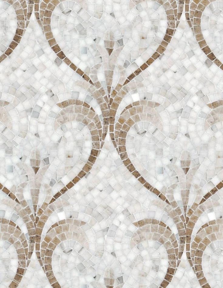 a white and brown mosaic tile wallpaper with an intricate design in the shape of hearts