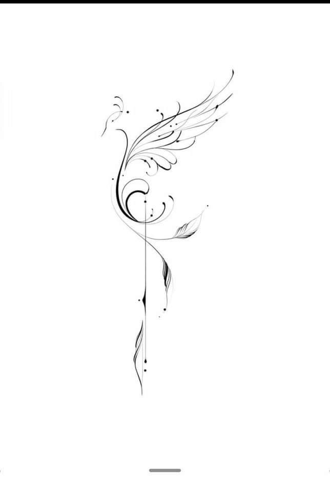 a black and white drawing of a bird with swirls on it's wings