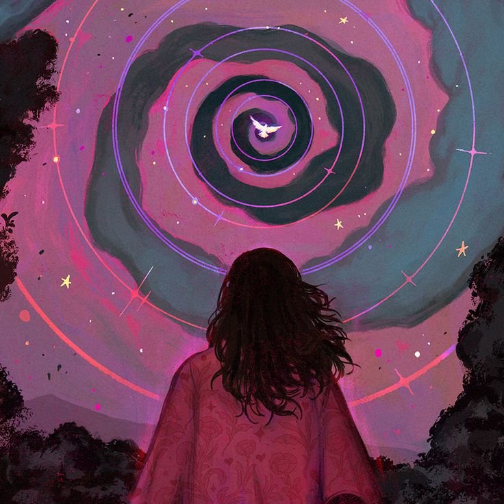 a woman standing in front of a purple and blue swirl with stars on it's center