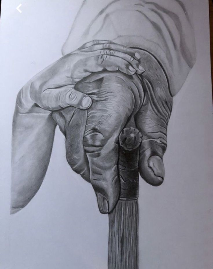 a pencil drawing of a hand holding a wooden pole with two hands on top of it