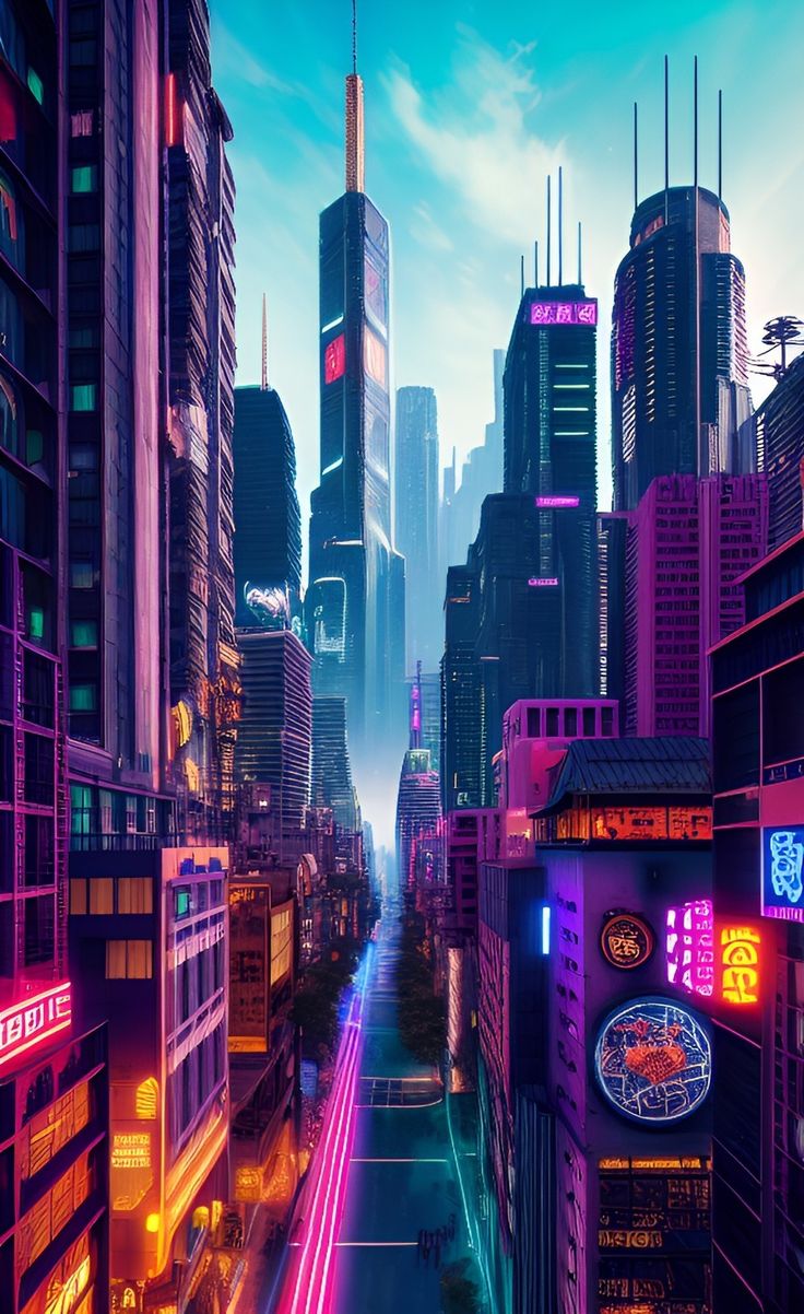 a city with neon lights and tall buildings