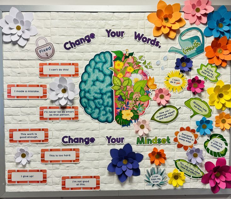 a bulletin board with flowers and words on it that say change your brain, change your minds