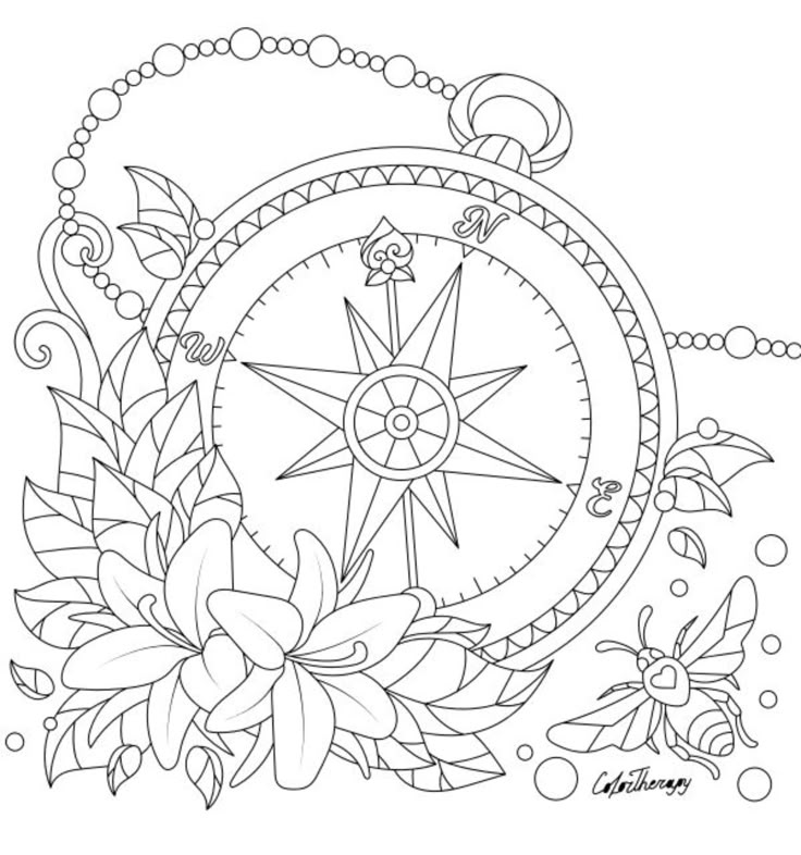 a drawing of a compass with flowers on it