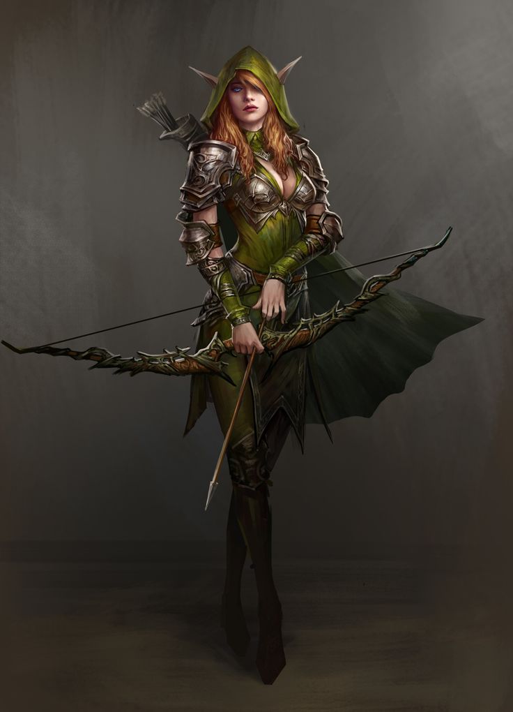 a woman dressed in green with a bow and arrow on her shoulder, standing against a dark background