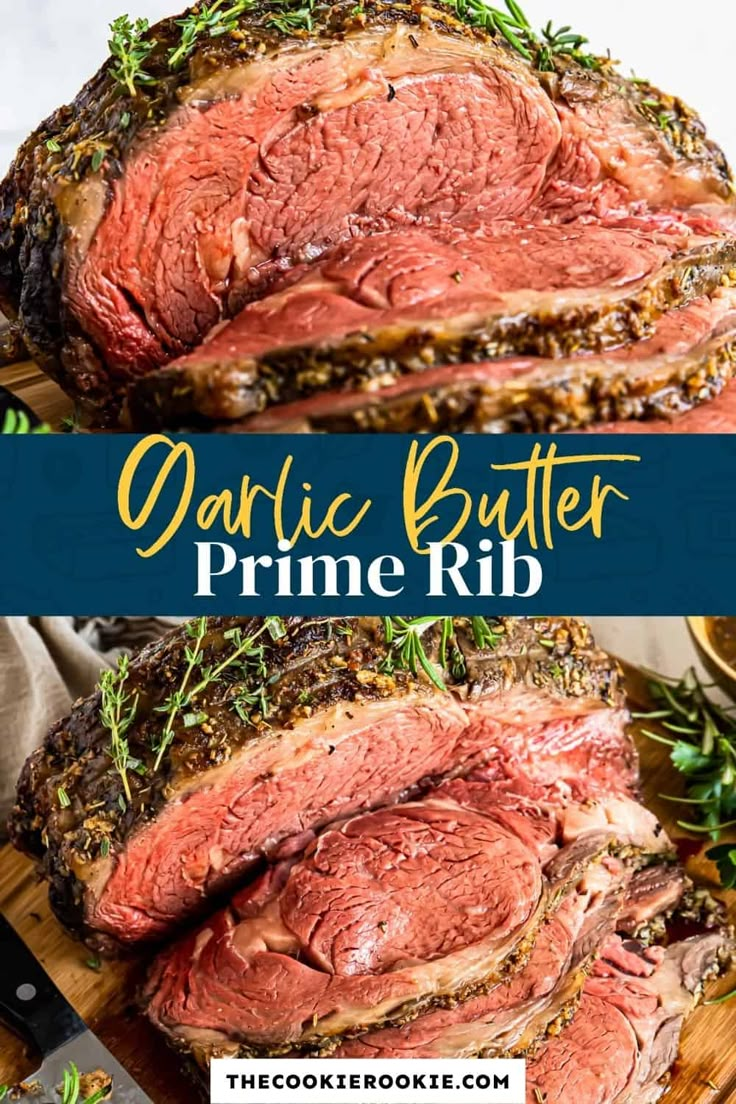 an image of roasting beef on a cutting board with rosemary sprigs and garlic