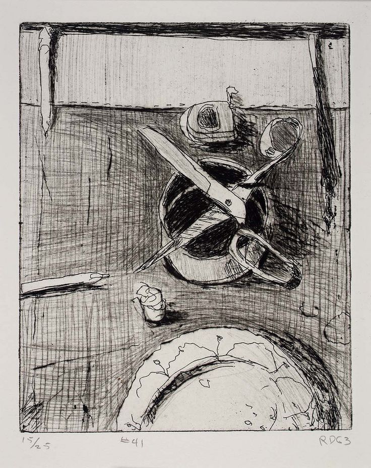 a black and white drawing of utensils on a table