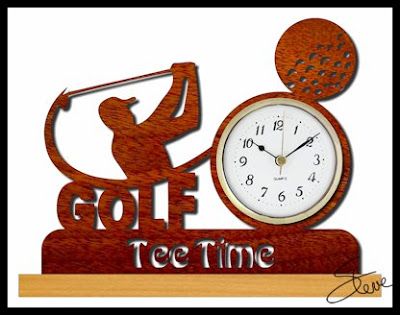 a wooden clock with the word golf on it and a woman swinging a golf club